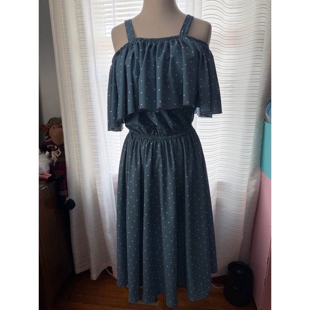 Blue Polka Dot Off Shoulder Ruffle Midi Dress with Straps 2XL